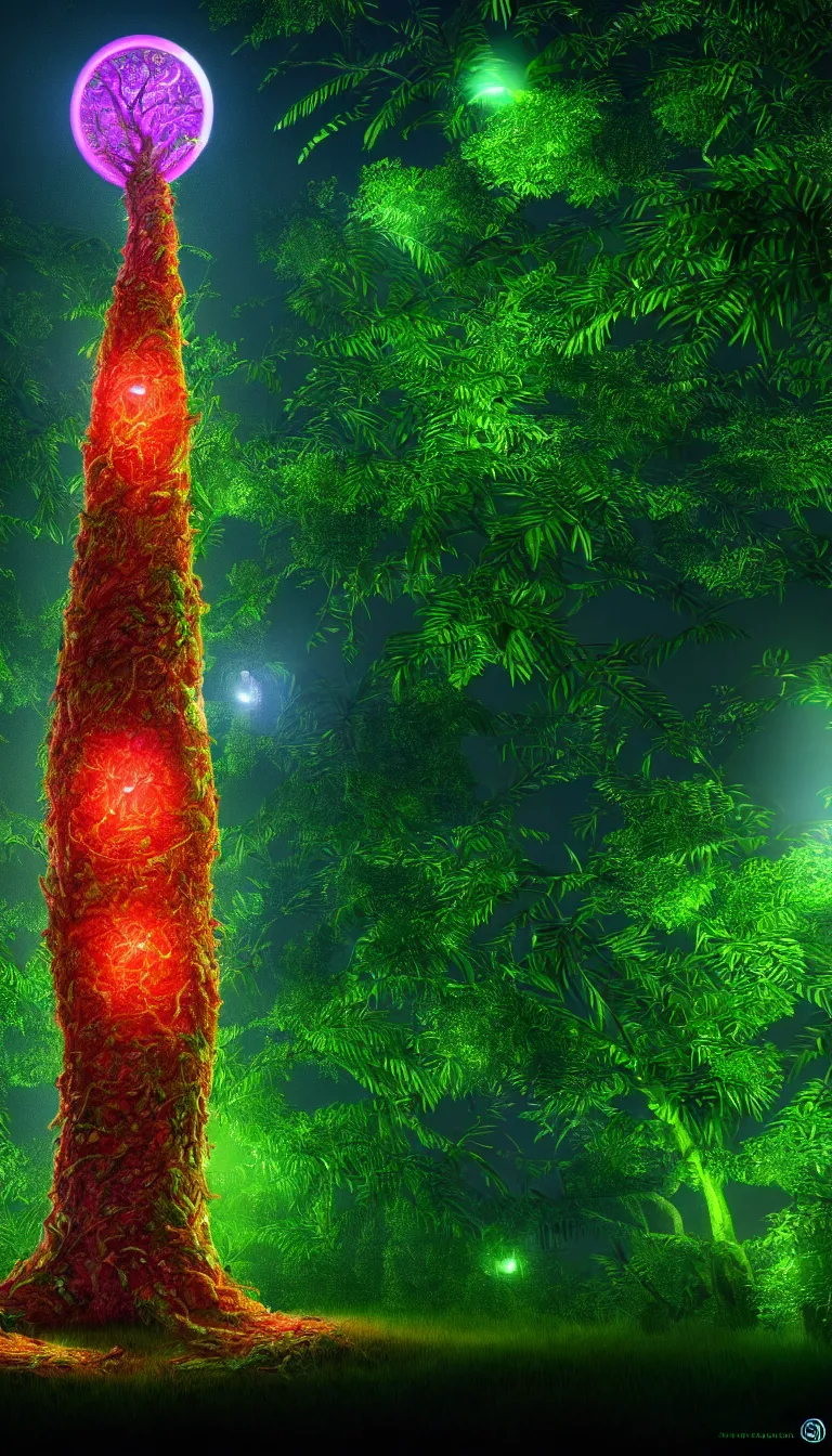 Image similar to highly detailed photo of futuristic tree having glowing fruits in the middle of dark jungle in the style of Greg Rutswoski, hyper realistic, wide angle shot, concept art, 8K detail post-processing