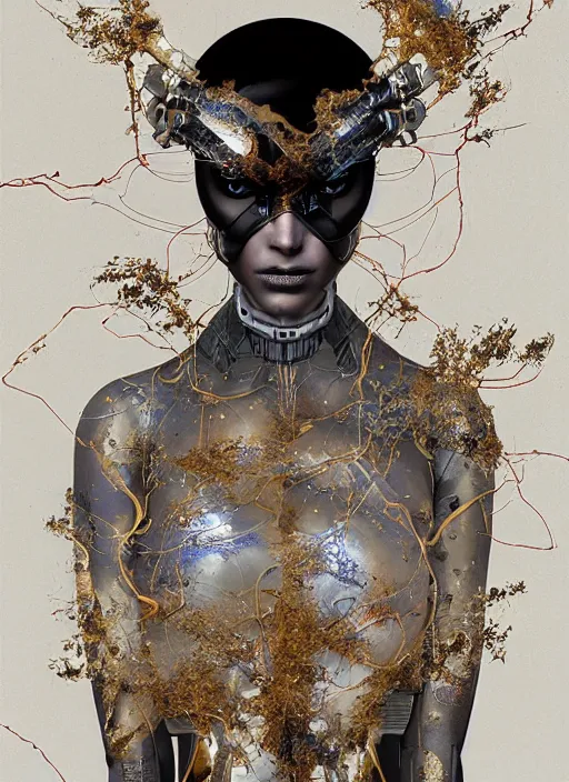 Image similar to portrait of a futuristic geisha cyborg, in the style of ghost in the shell, kintsugi, modern fine art, fractal, intricate, elegant, highly detailed, digital photography, richard avedon and greg rutkowski,