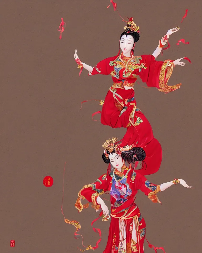 Prompt: a goddess in chinese mythological dance in the air, tang dynasty costume, silk streamers, gorgeous, tarot card, red background, unreal engine, artstation