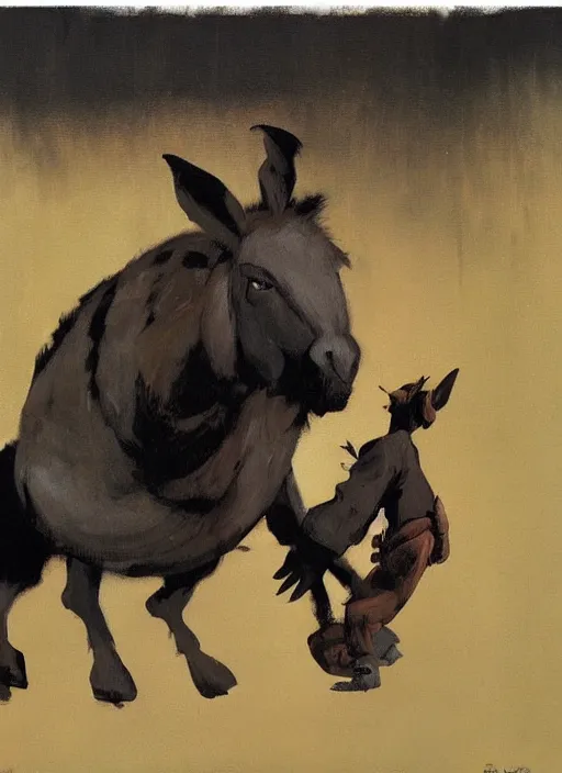Image similar to shrek and donkey, painting by phil hale, fransico goya,'action lines '!!!, graphic style, visible brushstrokes, motion blur, blurry, visible paint texture, crisp hd image