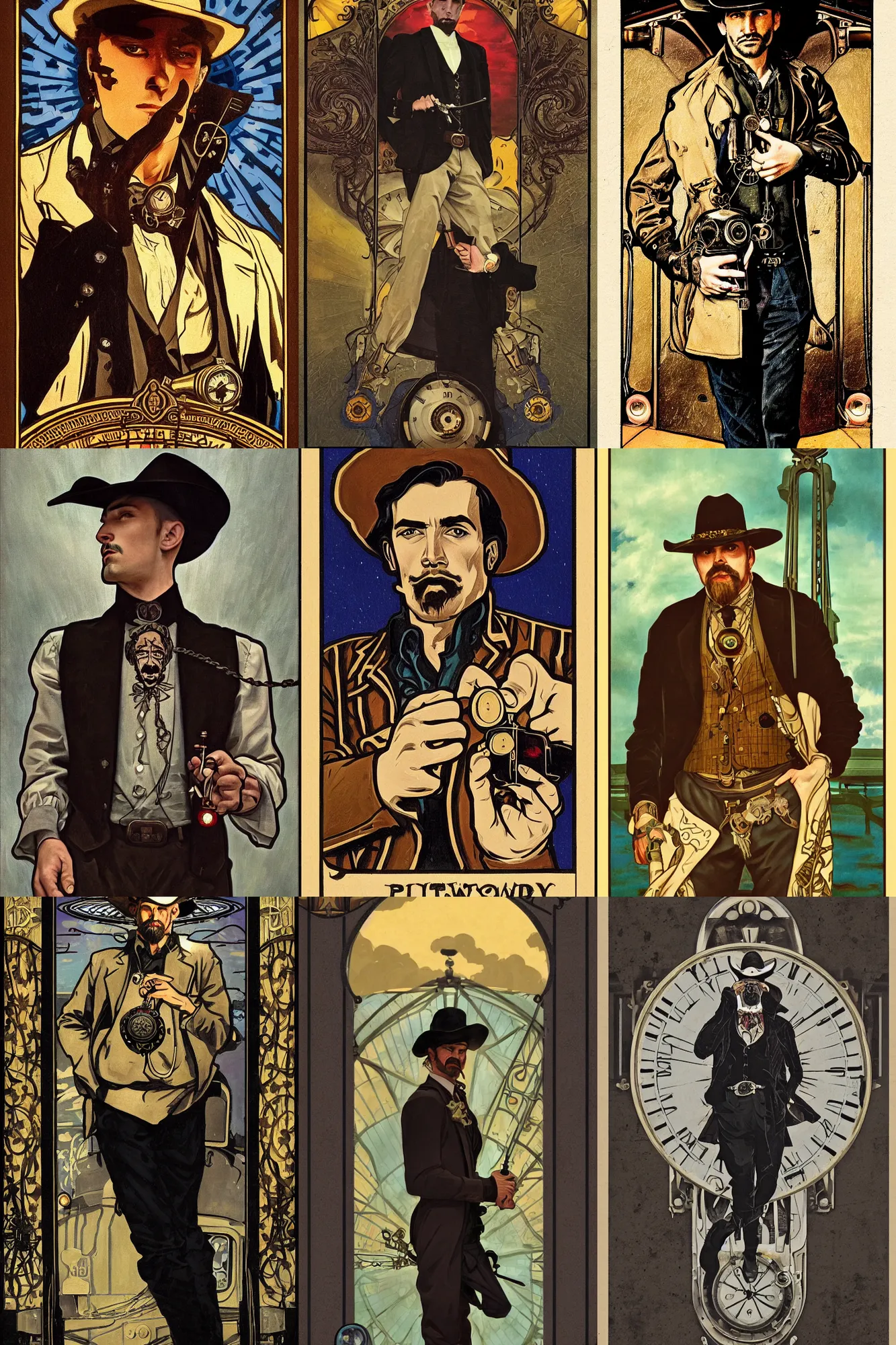 Prompt: a dramatic moody symmetrical painting of a suspicious villainous handsome cowboy holding a pocketwatch | his shirt is unbuttoned | background is the front of a steam train locomotive | tarot card, art deco, art nouveau, steampunk | by Mark Maggiori (((and Alphonse Mucha))) | trending on artstation