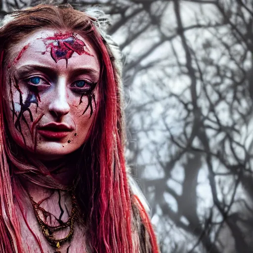 Prompt: 3 5 mm coloured film portrait of sophie turner as aghori sadhu covered in ash creature, hyperrealism, celestial red flowers vibe, photorealistic, detailed, atmospheric, 8 k, award winning photography, cinematic