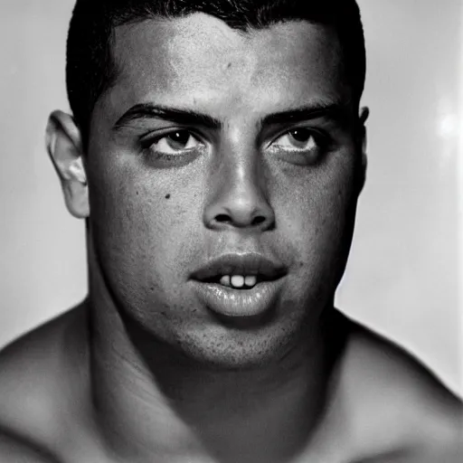 Image similar to ronaldo nazario by yousuf karsh, head and shoulders