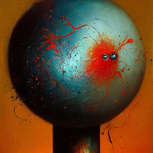 Image similar to a sphere being devoured by abstract splatters of paint in the style of francis bacon, james jean, surreal, beksinski, high detailed