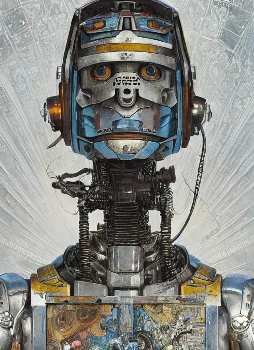 Image similar to chappie robot from thr Chappie movie as God, fantasy, intricate, elegant, highly detailed, digital painting, 4k, HDR, concept art, smooth, sharp focus, illustration, art by alphonse mucha,artgerm, H R Giger