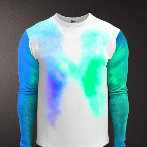 Prompt: ethereal long sleeve t shirt made of blue and green light, divine, cyberspace, mysterious, dark high-contrast concept art