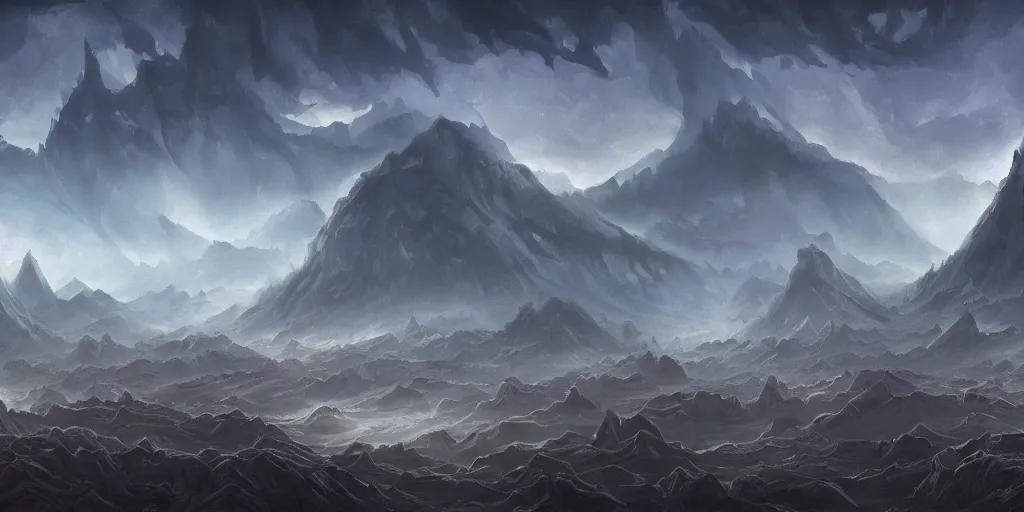 Image similar to The eldritch landscape with mountains in the background, Sci-Fi fantasy desktop wallpaper, painted, 4k, high detail, sharp focus