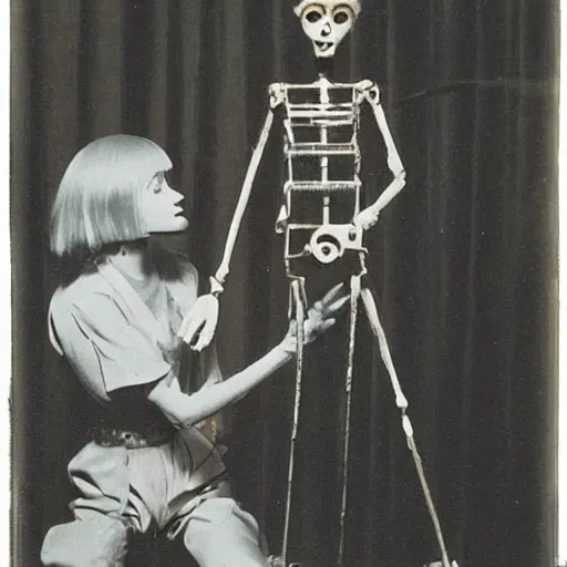 Image similar to female alive, creepy marionette puppet, leaping towards viewer, horrific, unnerving, clockwork horror, pediophobia, lost photograph, dark, forgotten, final photo found before disaster, human in the background polaroid,