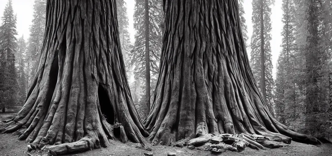 Image similar to house built into and inside a single giant sequoia. photograph by jerry uelsmann.