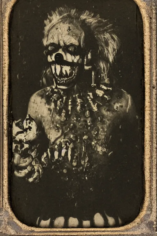 Prompt: faded daguerreotype portrait of disturbing haunted demonic abomination clown body horror