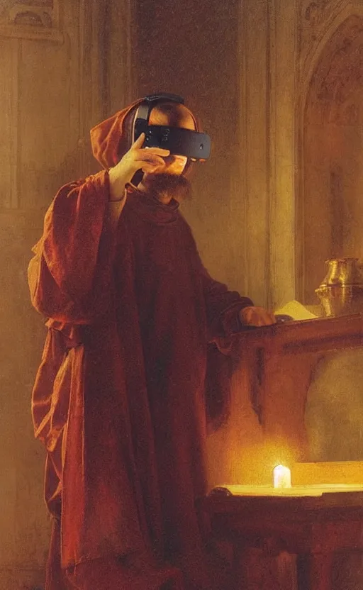 Image similar to a 1 4 th century monk using a vr headset by pierre auguste cot and delphin enjolras and daniel f. gerhartz