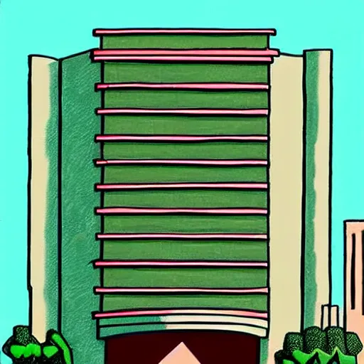 Image similar to a real concrete building with anthropomorphic qualities. a painting of sceptile by ricardo bofill. one building that reminds me of a green lizard with a red mouth. clearly a building. poorly drawn, bad, low quality, ugly, not very aesthetic at all in fact