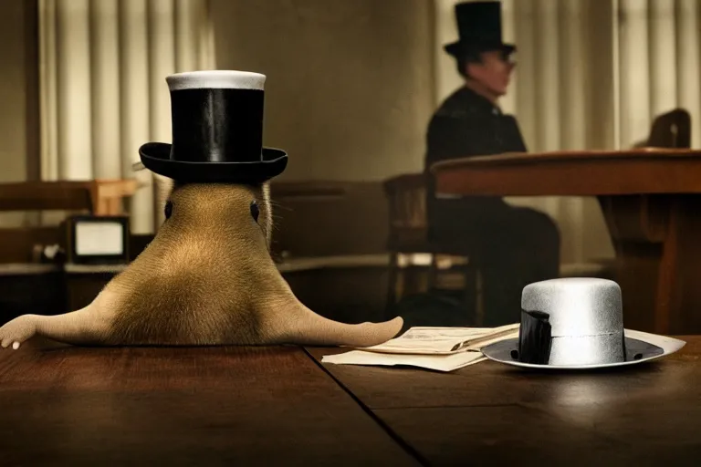 Image similar to platypus wearing top hat on a table in police station by Roger Deakins