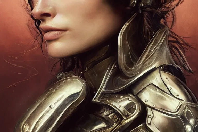 Image similar to a finely detailed portrait of Olivia Wilde, clothed in battle armor, olive skin, long dark hair, beautiful bone structure, symmetrical facial features, intricate, elegant, digital painting, trending on Artstation, concept art, smooth, sharp focus, illustration, from Metal Gear by Ruan Jia and Mandy Jurgens and Artgerm and and william-adolphe bouguerea, award winning