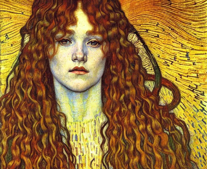 Image similar to detailed realistic beautiful young medieval queen face portrait by jean delville, gustav klimt and vincent van gogh, art nouveau, symbolist, visionary, gothic, pre - raphaelite, muted earthy colors, desaturated