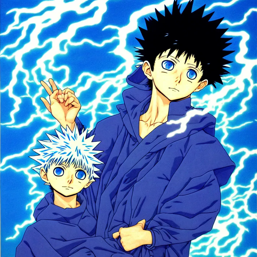 Image similar to killua zoldyck by mœbius, overdetailed art, blue and white colorful, record jacket, thunderstorms,