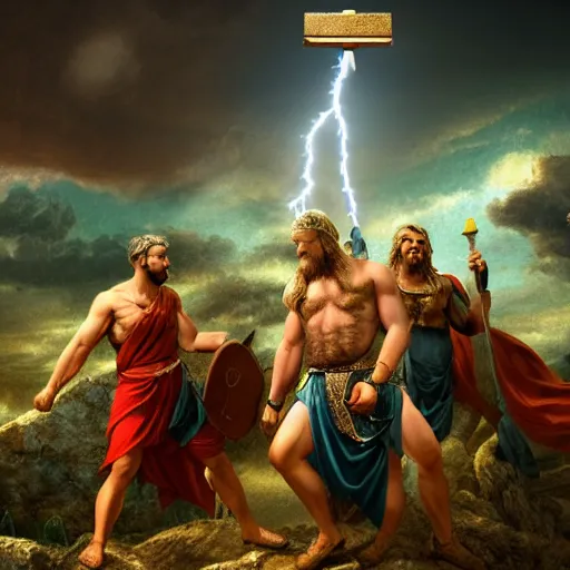 Image similar to in the ruins of mount oylmpus the roman gods look down on the mortals, zeus holds a lightning rod and thor has his hammer, digital art, 4 k,