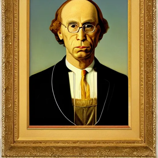 Image similar to fat orange tabby cat, man with afro curly hair in american gothic by grant wood