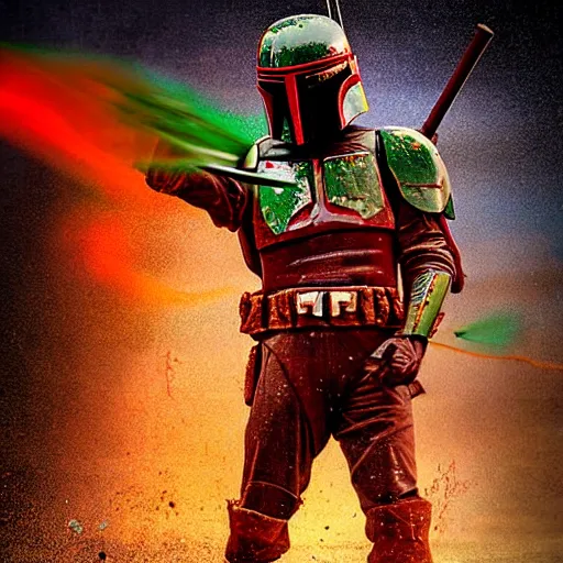 Prompt: Digital Art On Boba Fett, 8k, exquisite detail, by Christian Alzmann, Christian Alzmann art, Explosions, Colorful