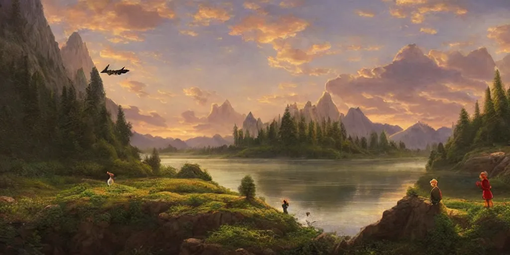 Image similar to A majestic landscape featuring a river, mountains and a forest. A group of birds is flying in the sky. There is an old man with a dog standing next to him. The man is wearing a backpack. They are both staring at the sunset. Cinematic, very beautiful, painting in the style of Winnie the pooh