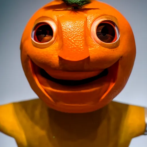 Image similar to a taxidermized annoying orange. in a museum. 8 5 mm lens. 7 0 mm entrance pupil diameter