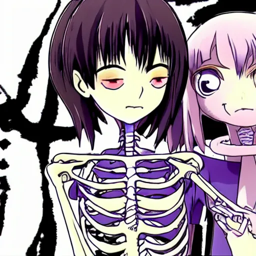 Image similar to a female necromancer and her skeleton friend, from a slice of life anime ; anime key visual by junji ito. tv anime series, kyoto animation.