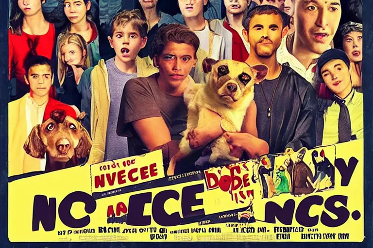 Image similar to a movie poster with dog - eared corners, advertising a movie called nice boys, showing a diverse crowd of young men being nice to strangers
