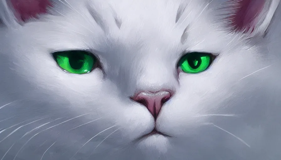 Image similar to hand painted white cat with green eyes, snow, hyperdetailed, artstation, cgsociety, 8 k