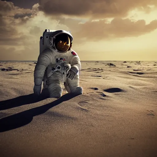 Image similar to an astronaut relaxing on the beach, dramatic lighting, cinematic, extremly high detail, photorealistic, cinematic lighting, nasa footage