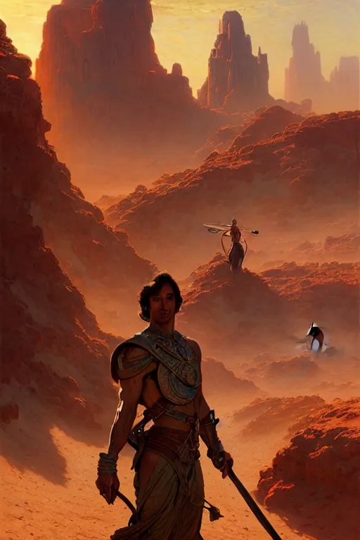 Prompt: John Carter standing in front of Martian ruins by Stanley Artgerm Lau, greg rutkowski, thomas kindkade, alphonse mucha, loish, norman Rockwell