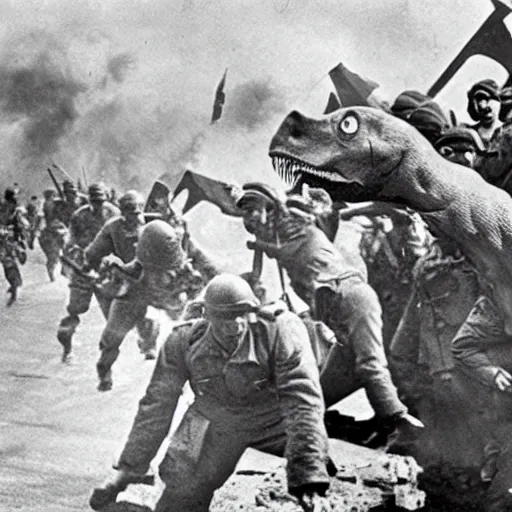 Prompt: WWII photograph of dinosaurs attacking nazi batallions