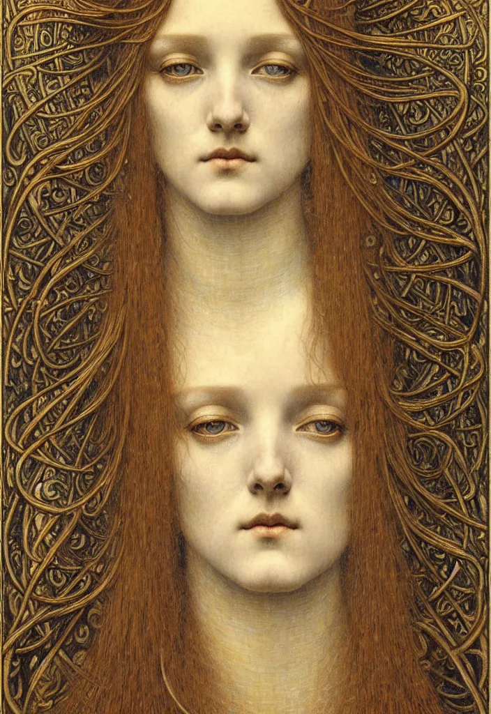 Image similar to detailed realistic beautiful young medieval queen face portrait by jean delville, gustave dore and marco mazzoni, art nouveau, symbolist, visionary, gothic, pre - raphaelite. horizontal symmetry