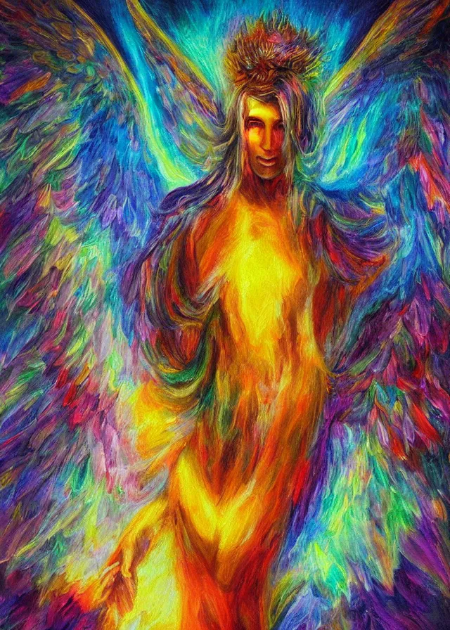 Image similar to Lucifer of the lunar mythos mercurial oil painting angel mist, award winning oil painting, chromatic aberration polychromatic color palette