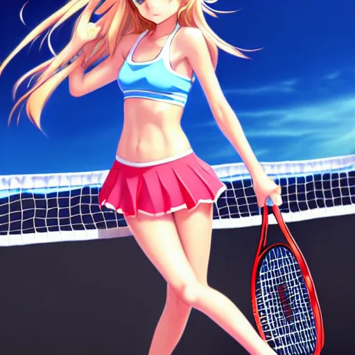 Image similar to a very beautiful young anime tennis girl, full body, long wavy blond hair, sky blue eyes, full round face, short smile, bikini, miniskirt, highly detailed, cinematic wallpaper by stanley artgerm lau
