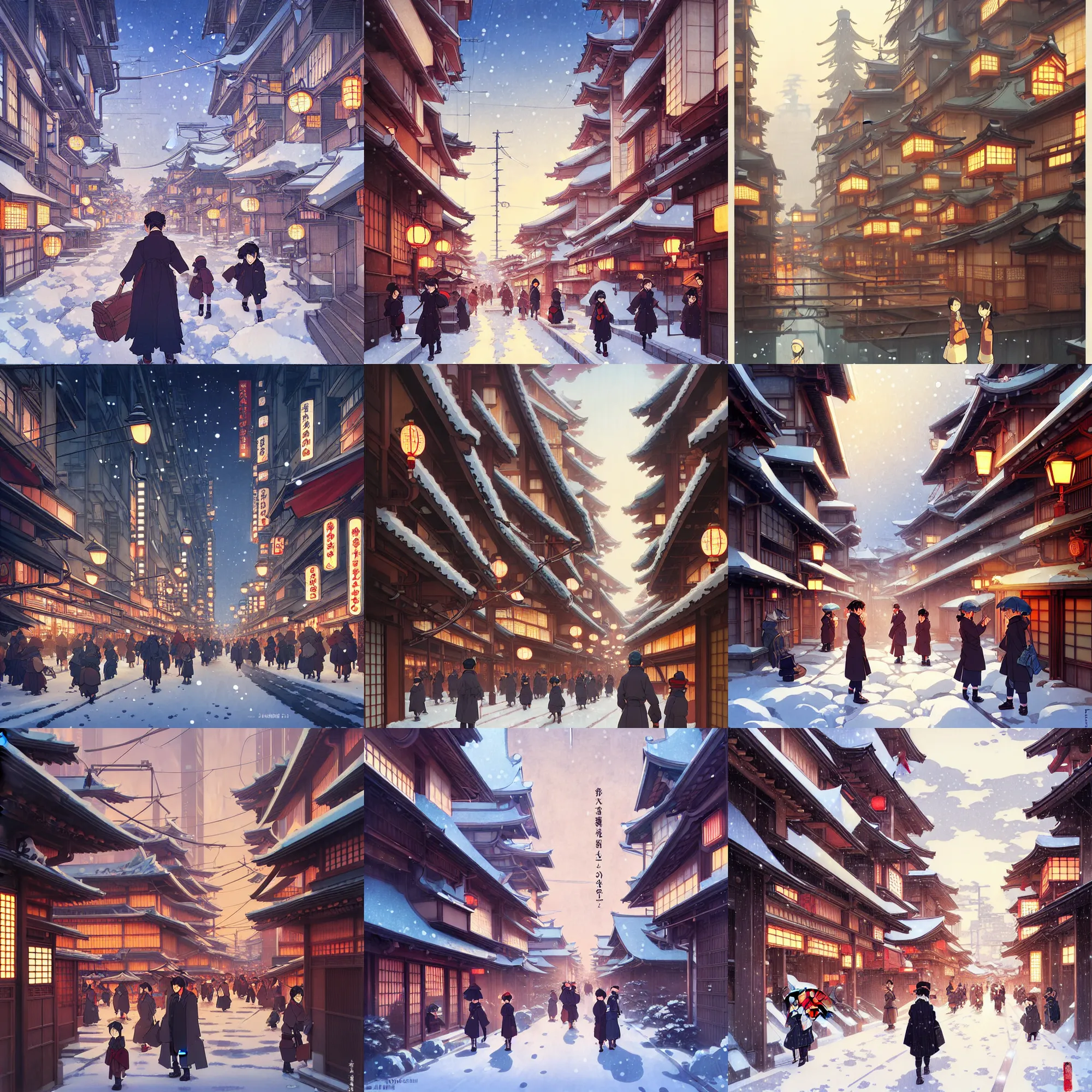 Image similar to japanese big city, winter, in the style of studio ghibli, j. c. leyendecker, greg rutkowski, artem