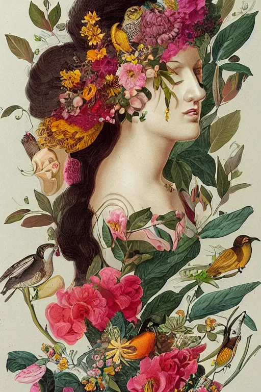 Image similar to beautiful girl Amalgamation with flowers, fruits, birds by Beto Val, John James Audubon, vintage illustration, bizarre compositions, Exquisite detail