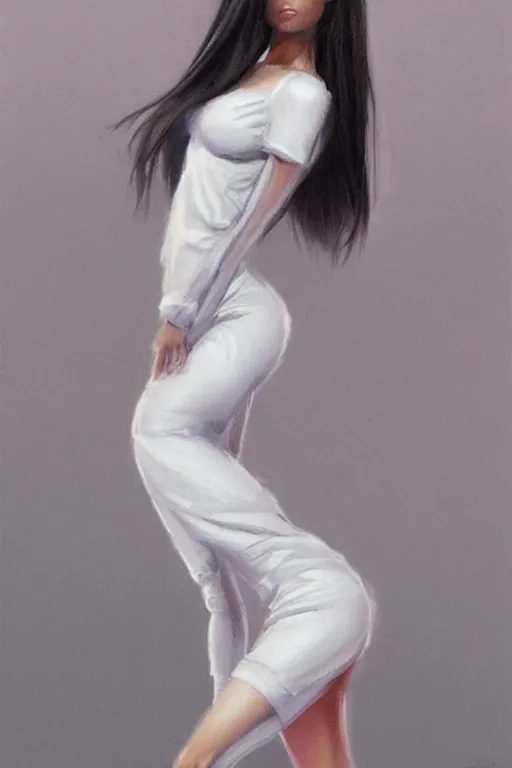 Prompt: full length portrait of very very very very very beautiful brunette female with amazing figure wearing tight night ’ s club dress and in white simple sneakers doing model posing, d & d, fantasy, portrait, highly detailed, headshot, digital painting, trending on artstation, concept art, sharp focus, illustration, art by artgerm and greg rutkowski and magali villeneuve