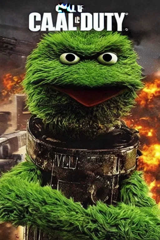 Prompt: “ oscar the grouch on the cover of call of duty 4 ”