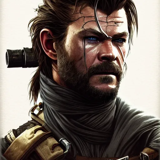 Prompt: Chris Hemsworth as Venom Snake, western, D&D, fantasy, intricate, elegant, highly detailed, digital painting, artstation, concept art, matte, sharp focus, illustration, art by Artgerm and Greg Rutkowski and Alphonse Mucha