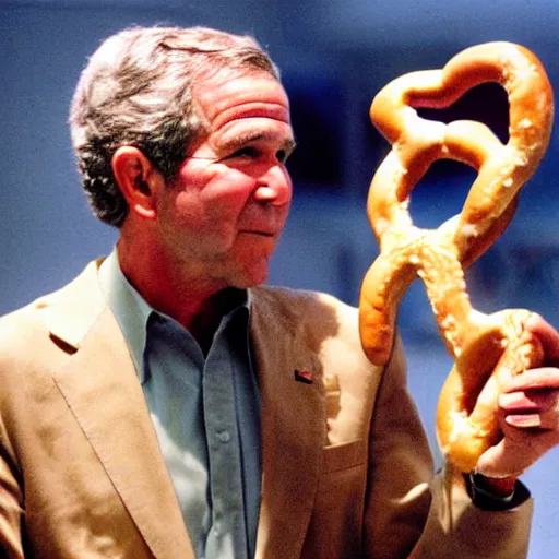 Image similar to George W. Bush holding a pretzel and contemplating mortality. CineStill.