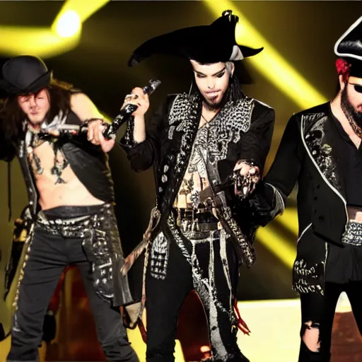 Prompt: Adam Lambert pirate king with a crew of rock stars highly detailed sharp focus