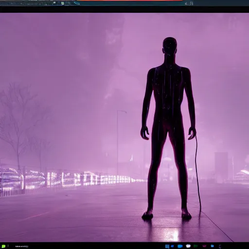 Image similar to a human sculpted out of rain, neon, rendered in octane, unreal engine, highly detailed, realistic, beautiful, emotional