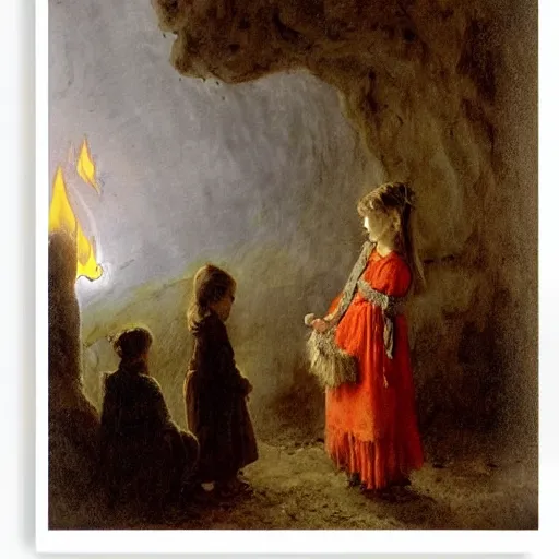 Image similar to girl meeting a flame spirit in a mine, by alfred stevens