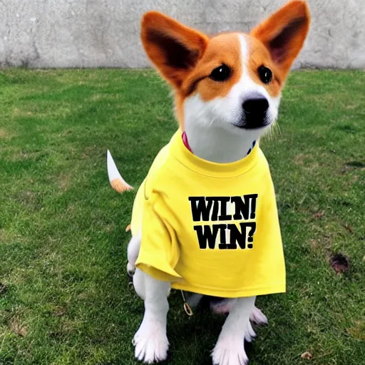 Prompt: a photorealistic dog character is wearing a shirt which writes'win'