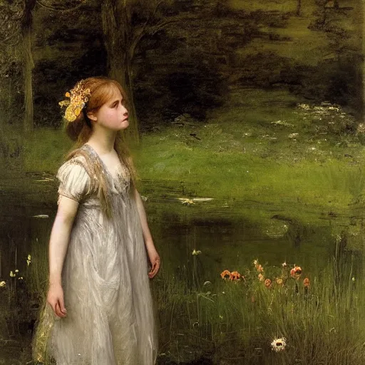 Prompt: a masterful portrait of a beautiful young girl, floating in the dark waters of a wood river full of high green grass and fine flowers, drowned, with closed eyes, wearing a nicely crafted antique dress, by sir john everett millais, realistic, hyperdetailed, ethereal, sad, masterpiece, oil painting