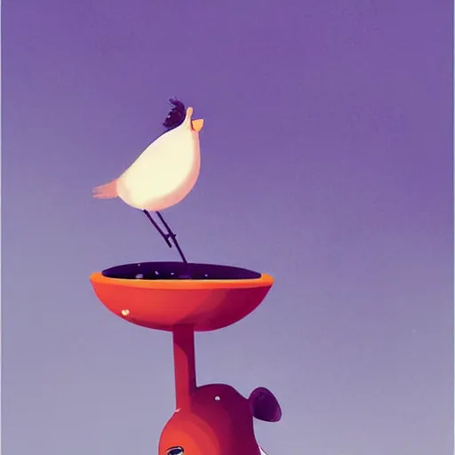 Prompt: A little bird trying to carry fruit from the ground to the tree where the nest is with its young, ilustration art by Goro Fujita