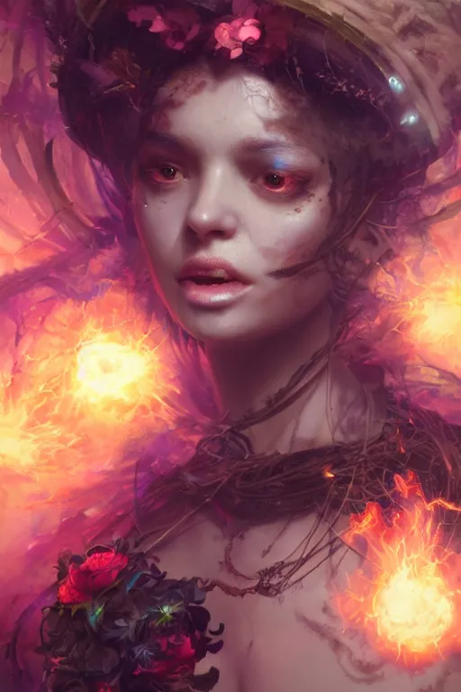 Image similar to face closeup of beautiful girl necromancer, witch - doctor exploding into flowers, angels, 3 d render, hyper - realistic detailed portrait, holding fire and electricity, leaves and magic, ruan jia, wlop. scifi, fantasy, magic the gathering, hyper detailed, octane render, concept art, peter mohrbacher