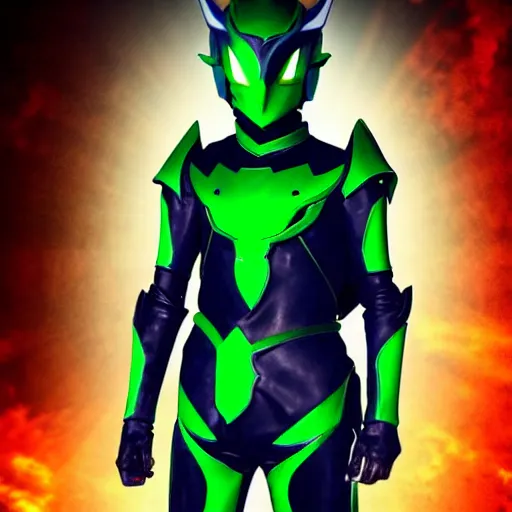 Image similar to High Fantasy Kamen Rider, glowing eyes, 4k, daytime, rubber suit, segmented armor, dark blue armor with green secondary color, tokusatsu