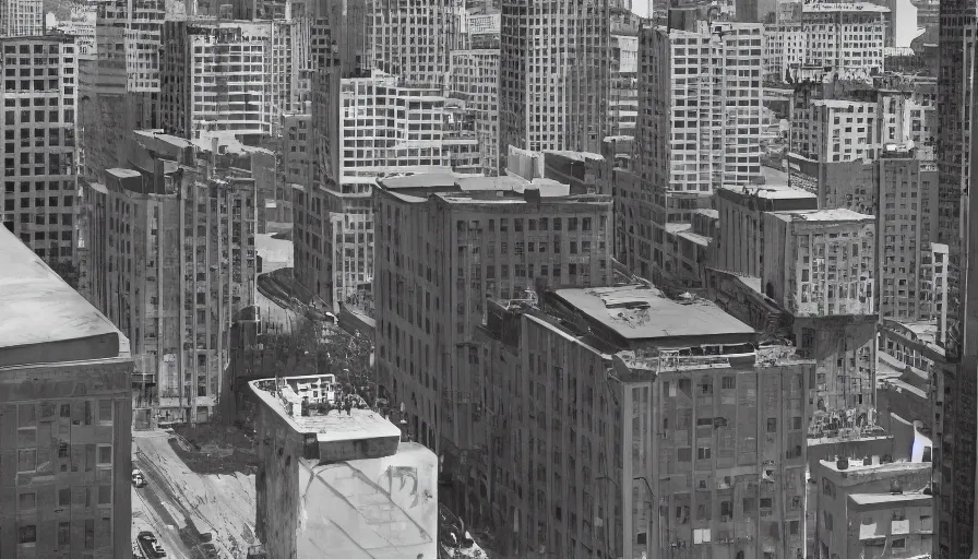 Image similar to american city, modern times, an apartment building, four stories high, with a huge water tank on the roof. the color of the picture is gray, and the painting style is realistic, hyper realism, realistic shading, cinematic composition, realistic render, octane render, detailed textures, photorealistic, wide shot