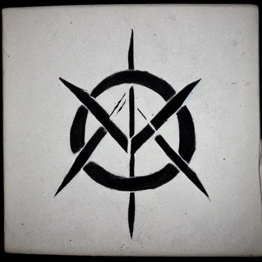 Image similar to evil occult symbol carved in a white canvas, charcoal